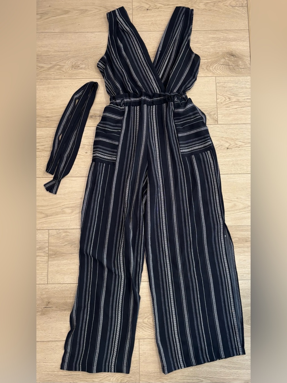 Monteau Striped Sleeveless Wide-Leg Jumpsuit with Optional Tie Waist